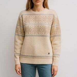 Vintage Demetre 100% Wool Nordic Ski Sweater in Warm Cream & Blue | Size L